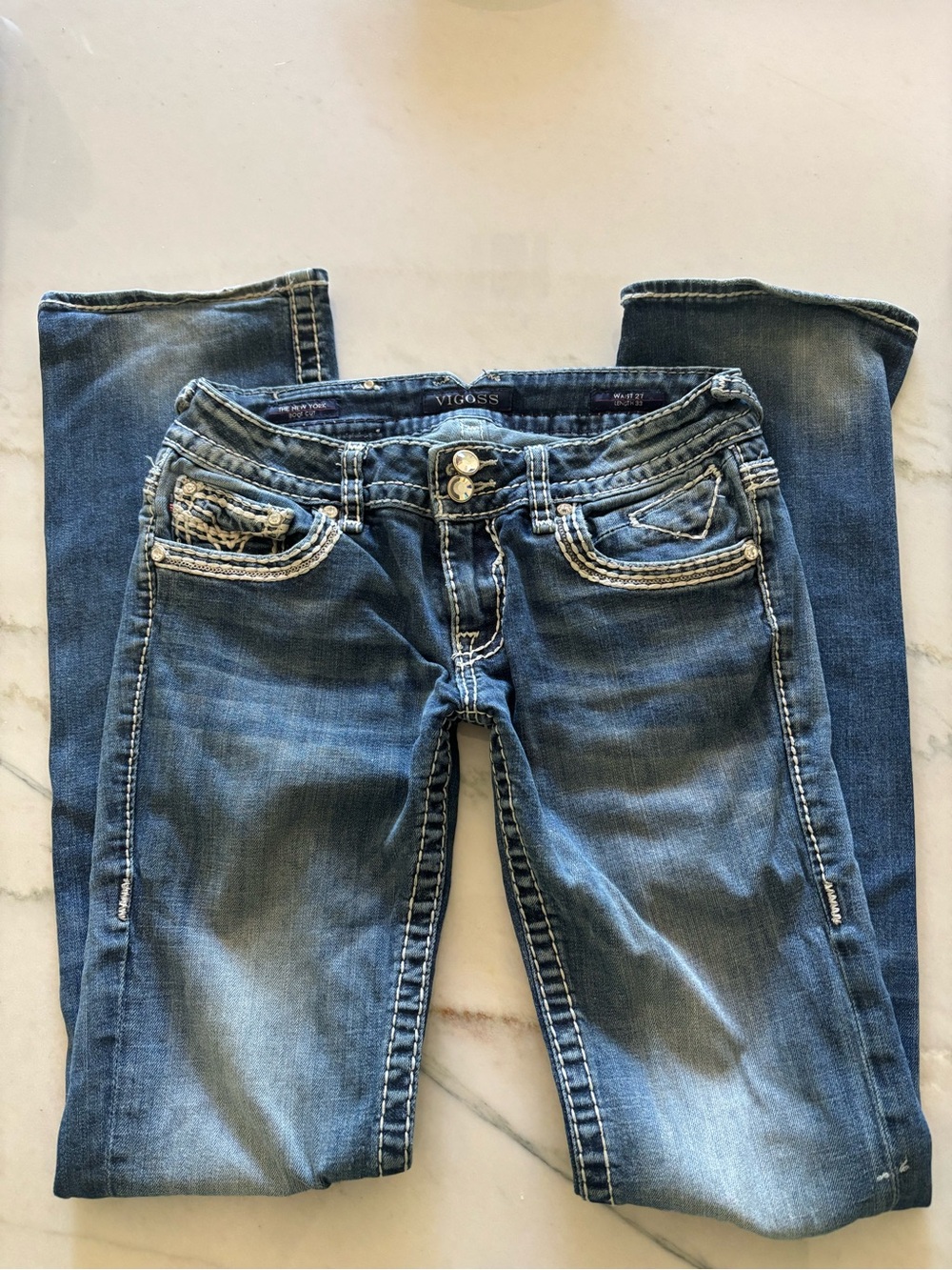 Vigoss Y2K Ultra Low Rise New York Bootcut Medium Wash Jeweled Denim Size 27x33